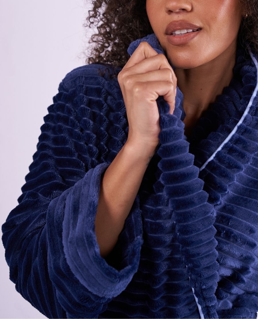 Womens Striped Navy Cosy Dressing Gown