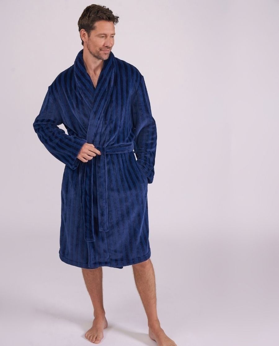 Mens Striped Navy Plush Dressing Gown
