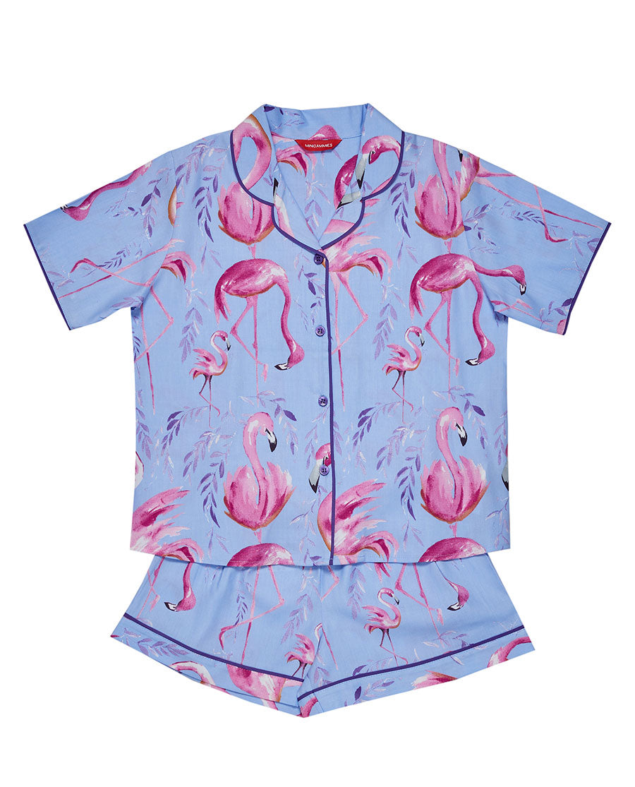 Zoey Girls Blue Flamingo Print Shorty Set