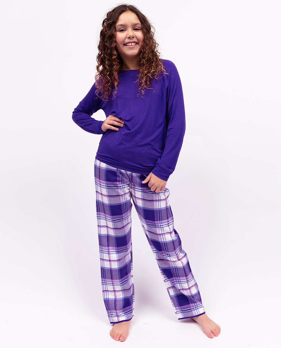 Evolet Girls Slouch Jersey Top and Brushed Check Pyjama Set