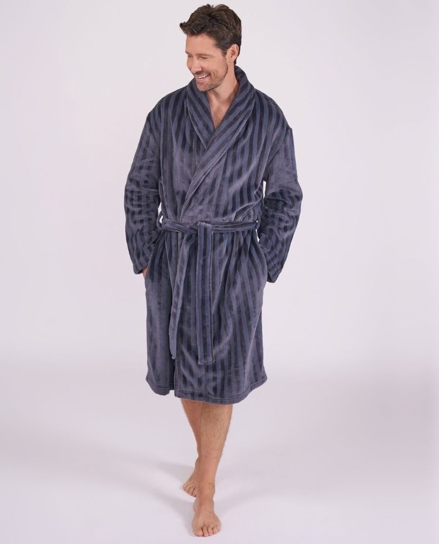 Mens Striped Charcoal Plush Dressing Gown