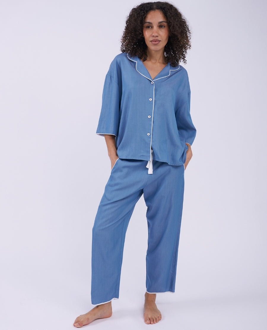 The Denim Edit Womens Chambray Relaxed Cropped Pyjama Set