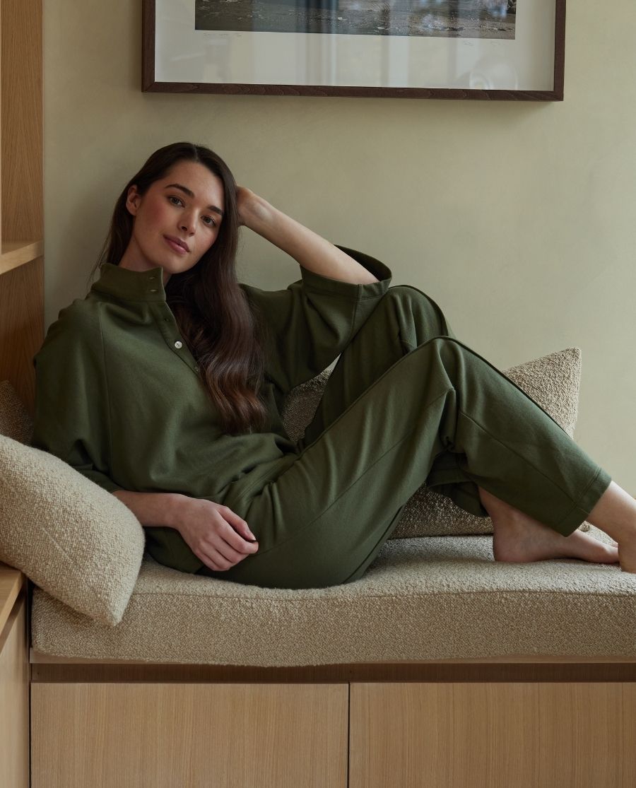 Womens Olive Lounge Half Button Sweatshirt and Joggers Set