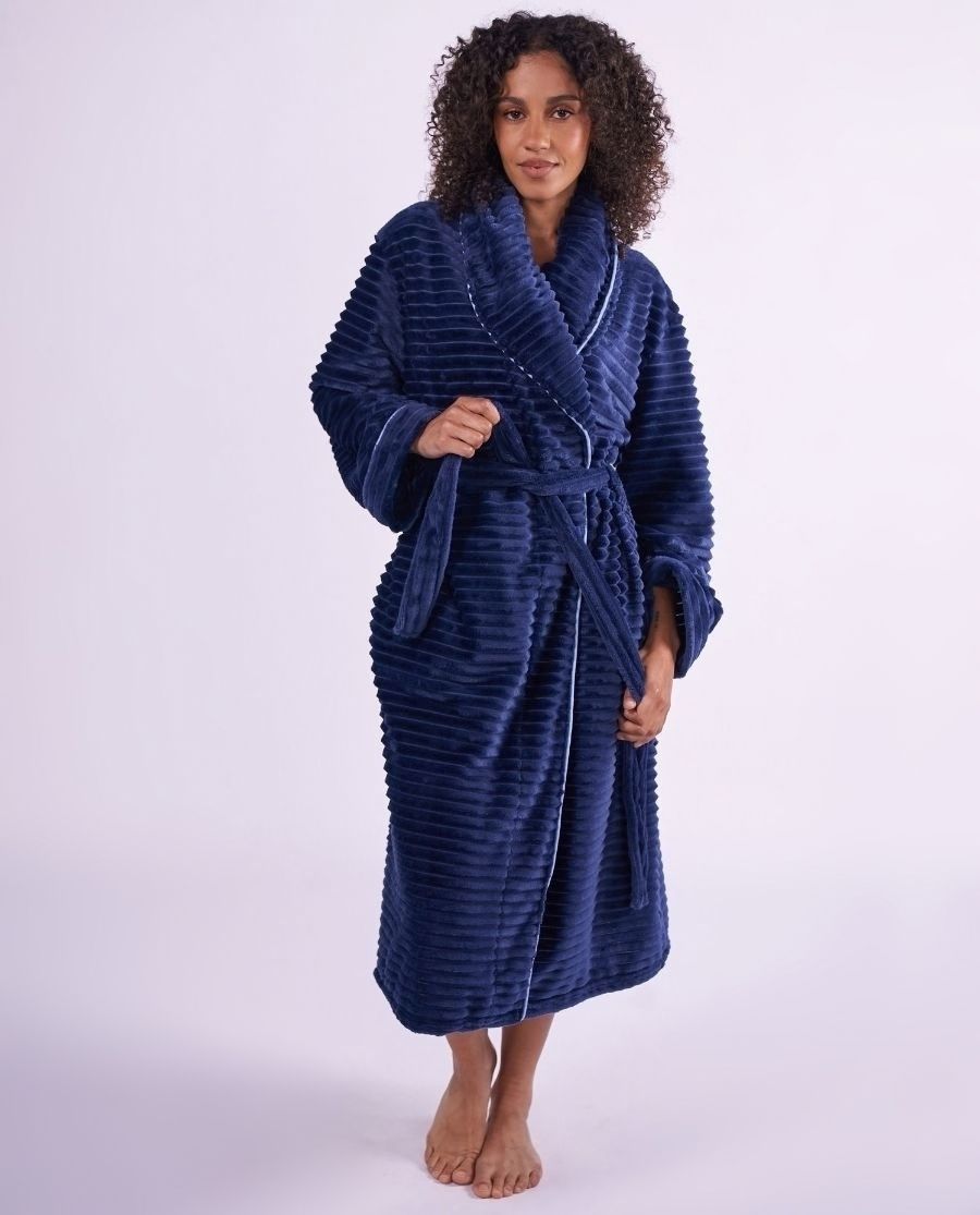 Womens Striped Navy Cosy Dressing Gown
