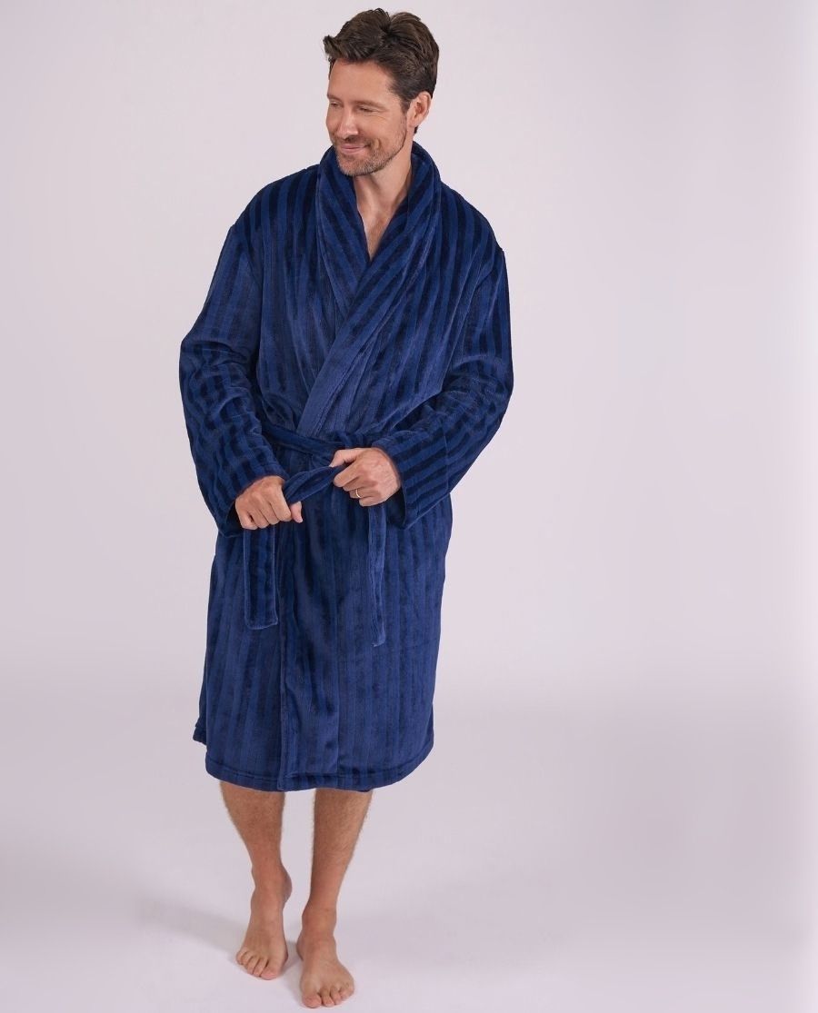 Mens Striped Navy Plush Dressing Gown
