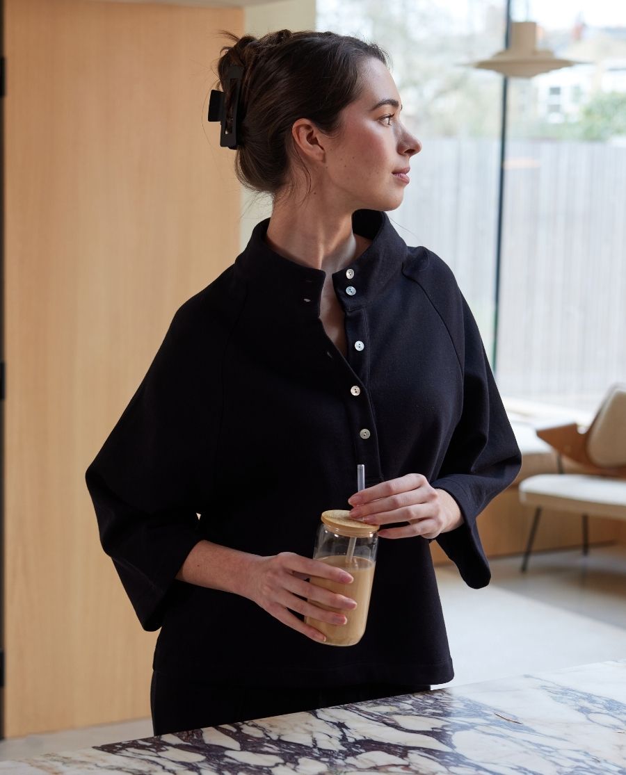 Womens Black Lounge Half Button Sweatshirt and Joggers Set