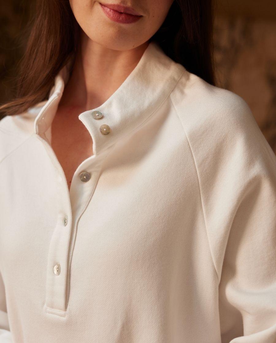 Womens White Lounge Half-Button Sweatshirt and Joggers Set