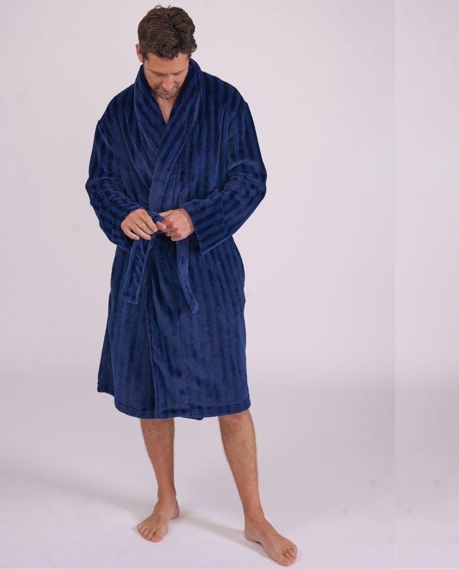 Mens Striped Navy Plush Dressing Gown