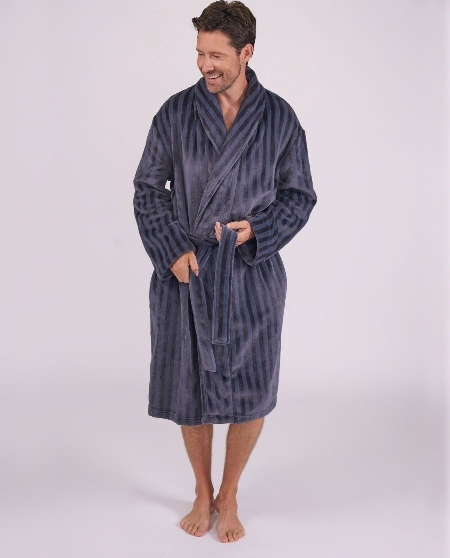 Mens Striped Charcoal Plush Dressing Gown