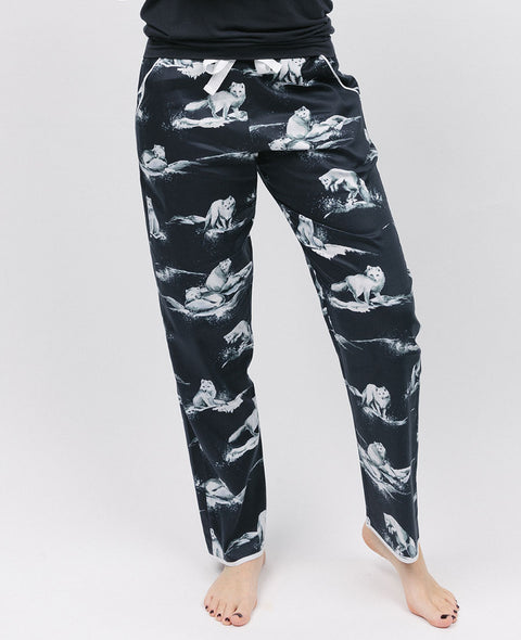 Schwarze Pyjamahose mit Polarfuchs-Print für Damen von Atlas