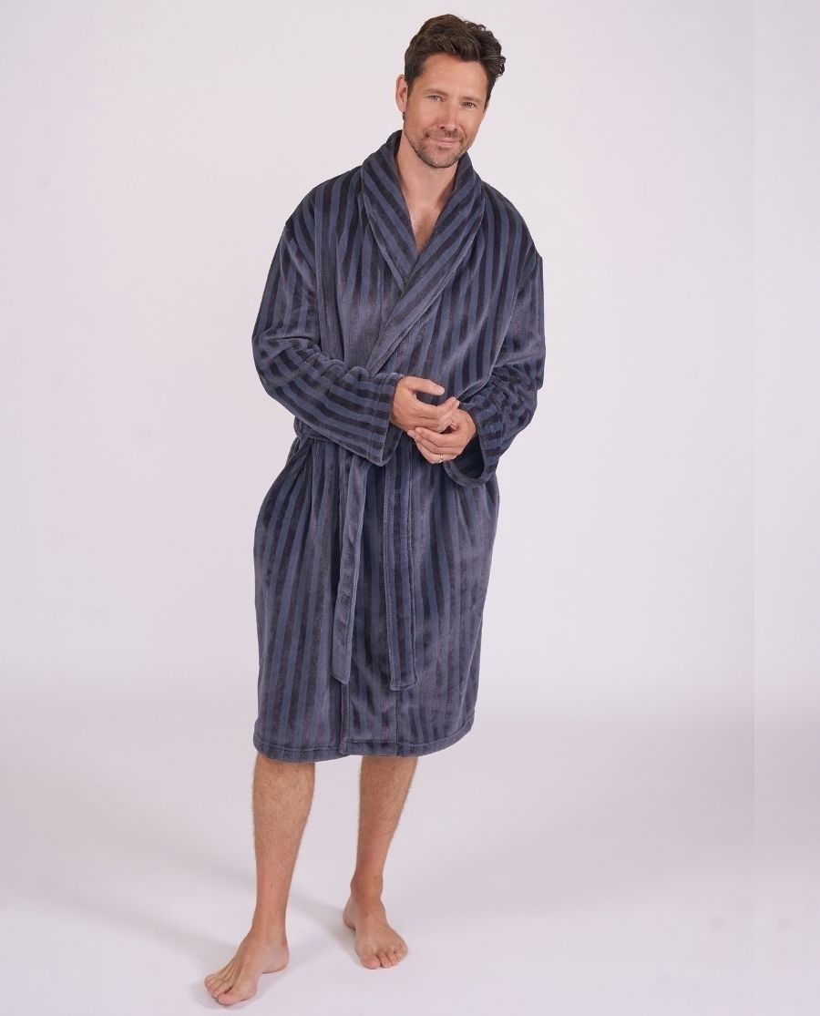 Mens Striped Charcoal Plush Dressing Gown