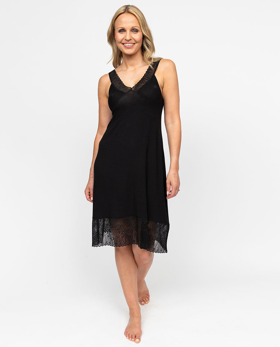 Women's Black Lace Trim Strappy Jersey Nightdress