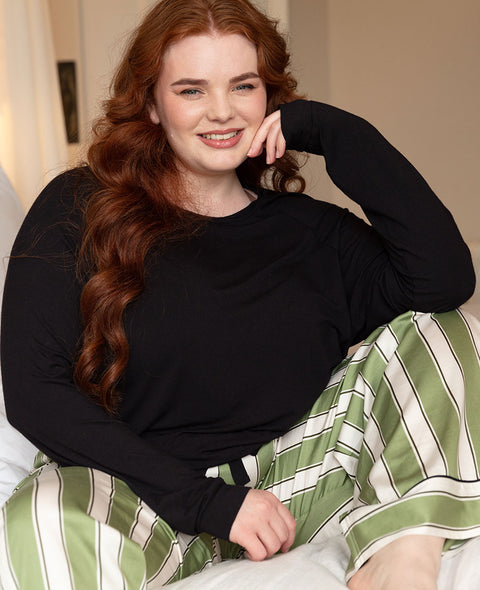 Nancy Womens  Black Jersey Top and Printed Stripe Pyjama Set