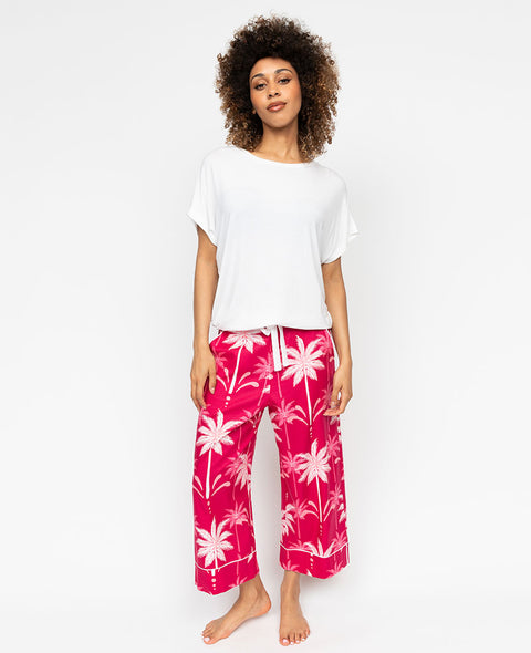 Kayla Womens Slouch Jersey Top and Palm Print Wid Leg Cropped Pyjama Set