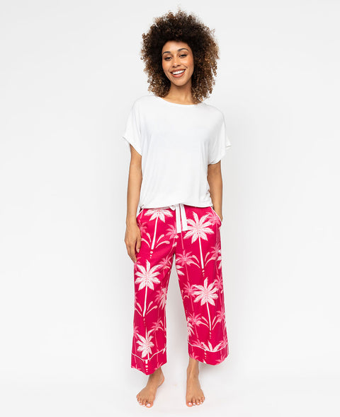 Kayla Womens Slouch Jersey Top and Palm Print Wid Leg Cropped Pyjama Set