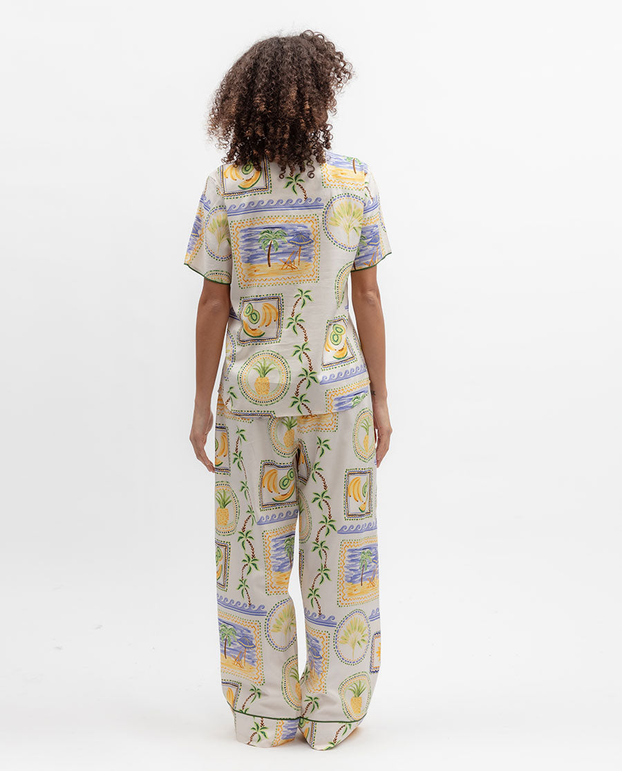Cora Womens Cream Postcard Print Wide Leg Pyjama Set