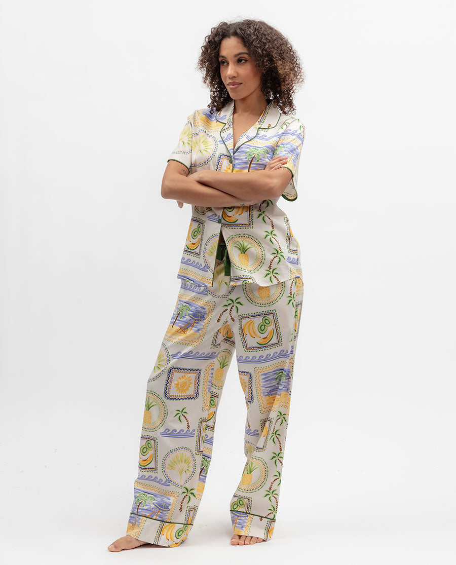 Cora Womens Cream Postcard Print Wide Leg Pyjama Set