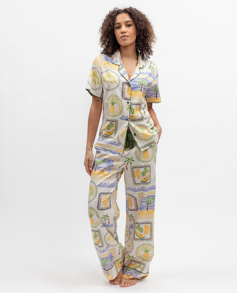 Cora Womens Postcard Print Wide Leg Pyjama Set
