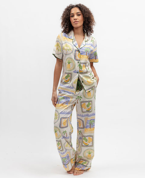 Cora Womens Postcard Print Wide Leg Pyjama Set