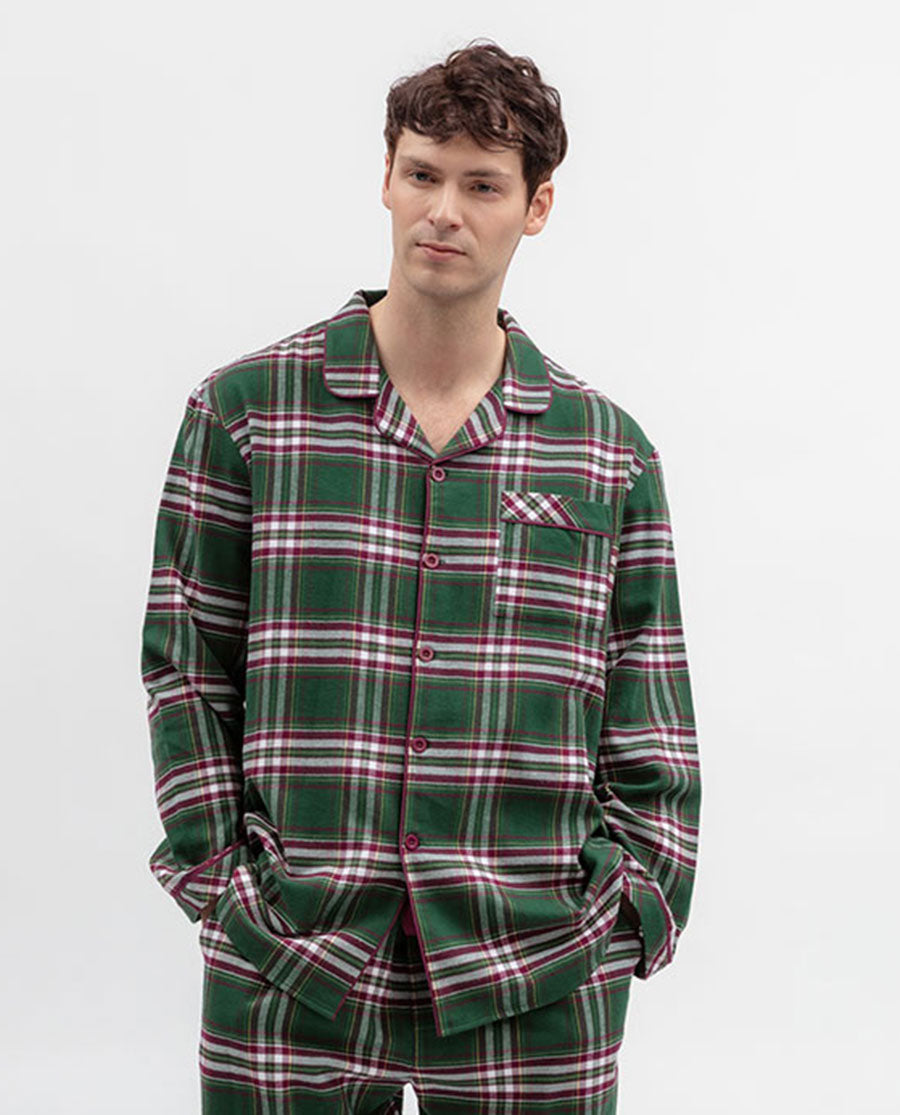 Mens Green Brushed Check Pyjama Top