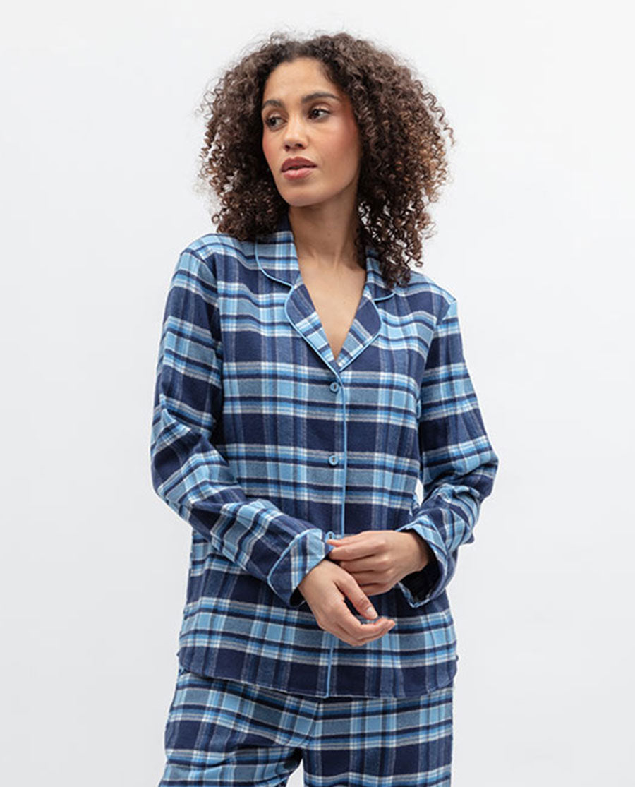 Womens Blue Brushed Check Pyjama Top