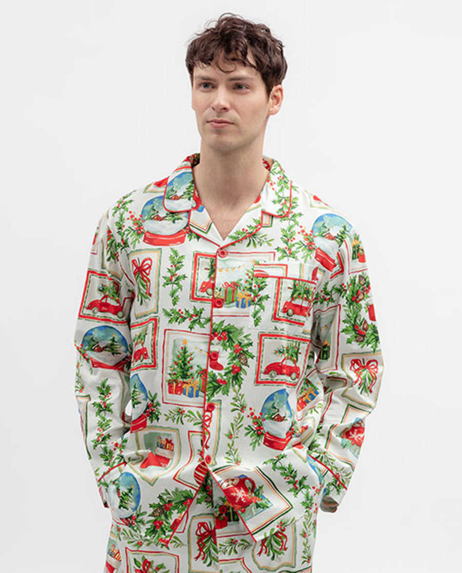Mens Christmas Postcard Print Pyjama Top