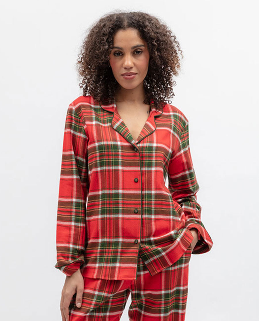 Womens Red Brushed Check Pyjama Top