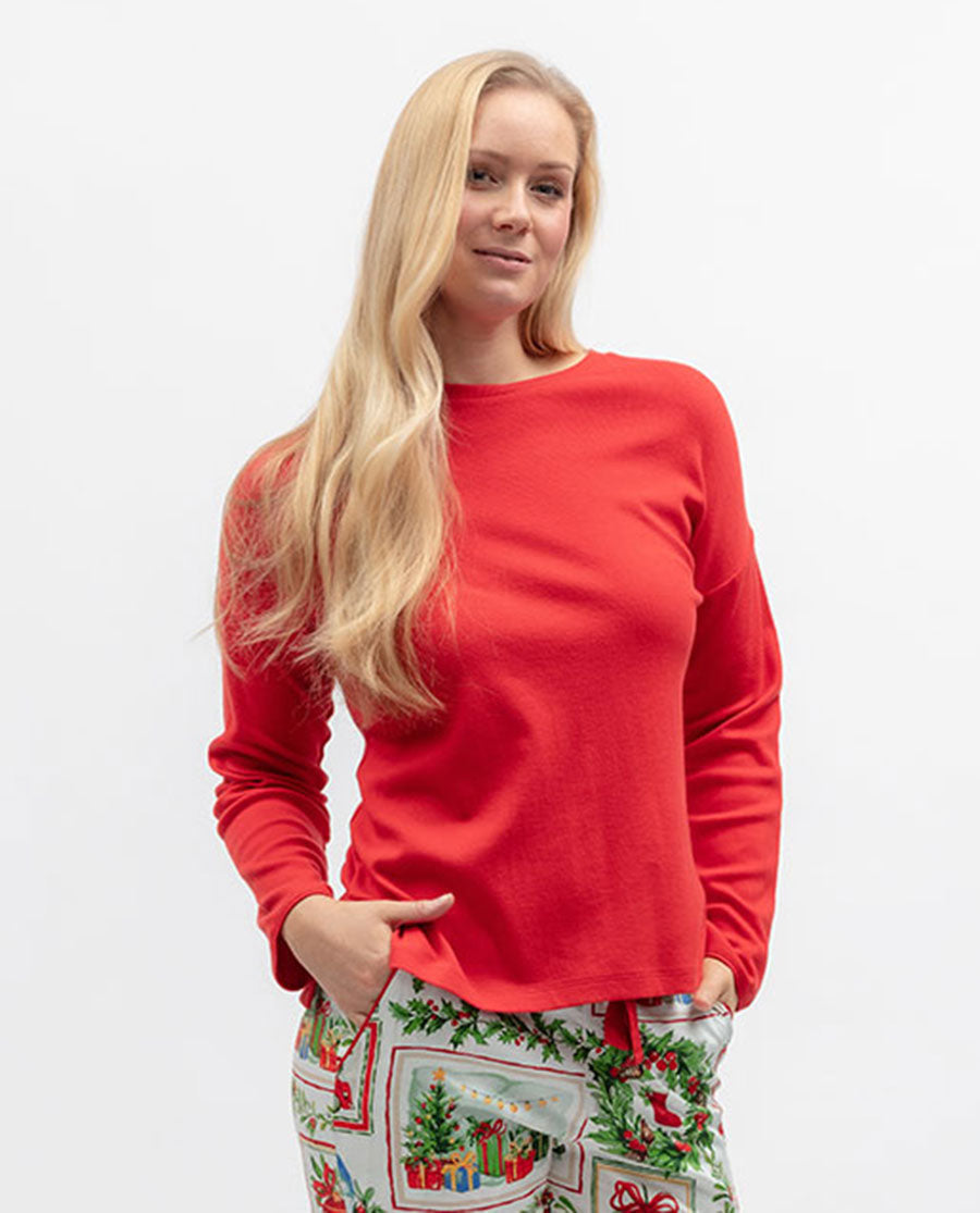 Womens Ribbed Long Sleeve Jersey Pyjama Top