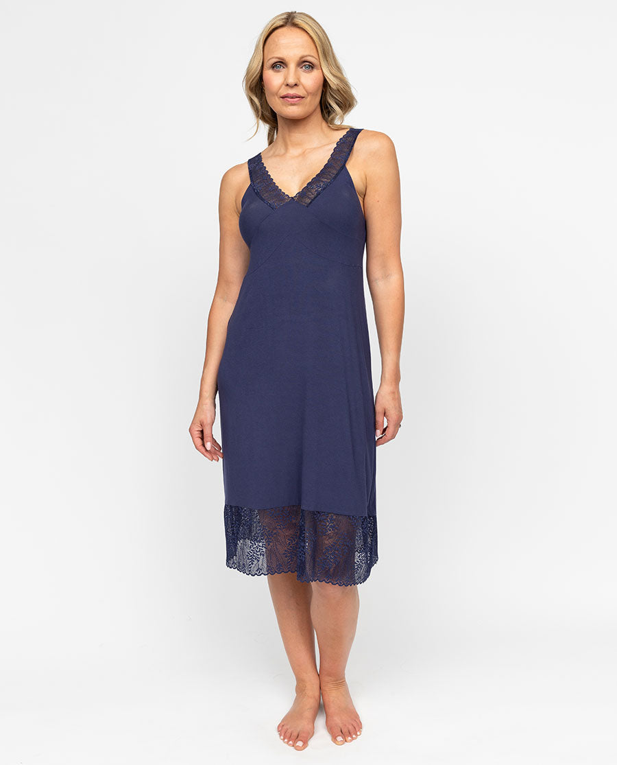 Women's Blue Lace Trim Strappy Jersey Nightdress