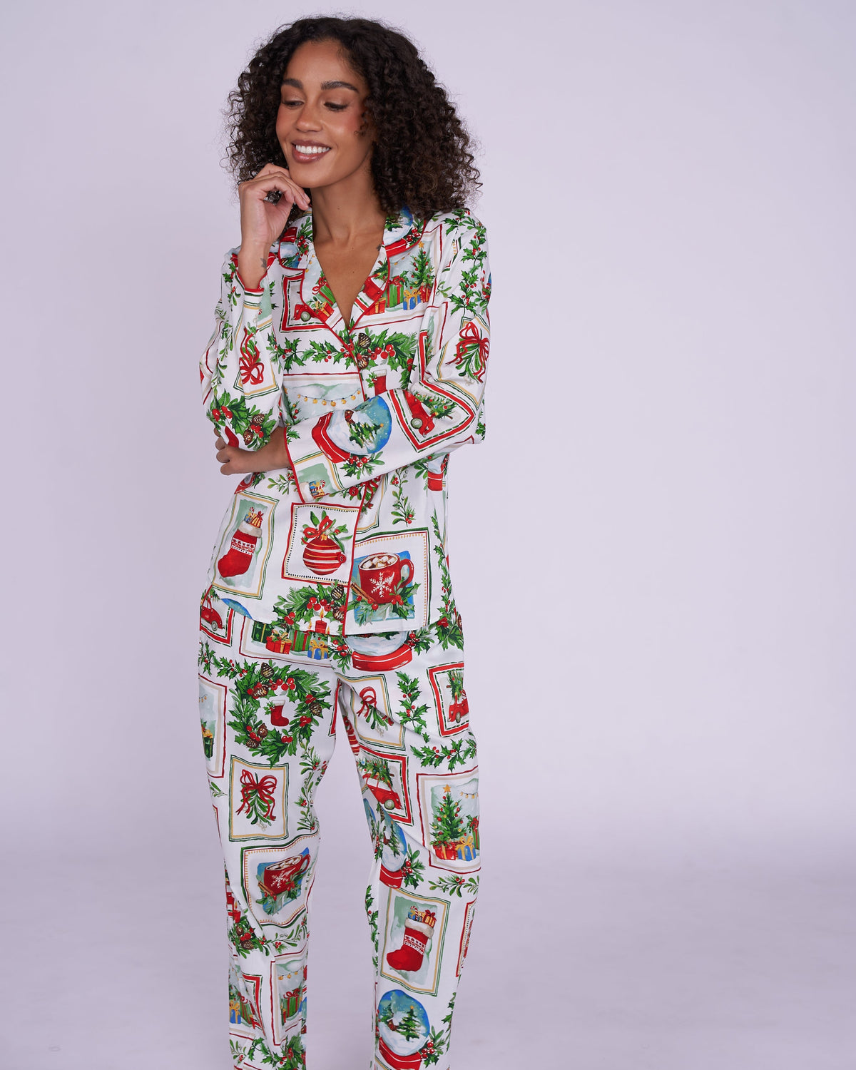 Womens Christmas Postcard Print Pyjama Set