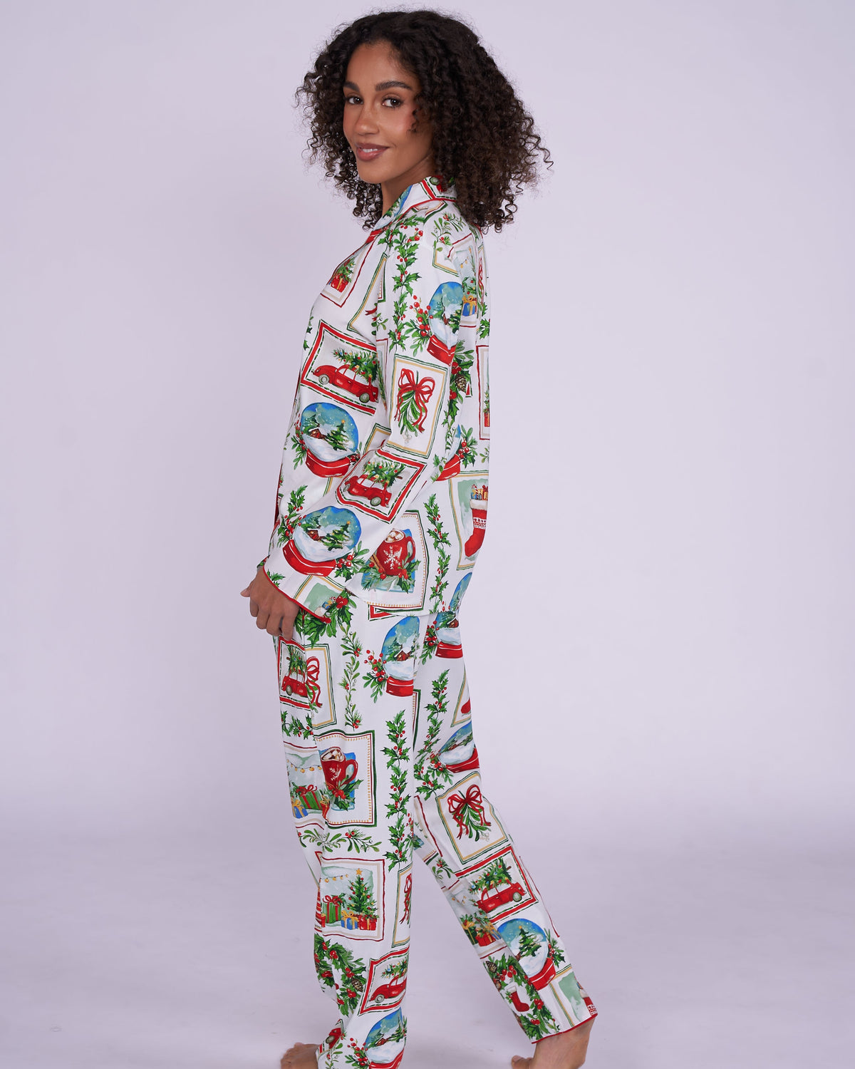 Womens Christmas Postcard Print Pyjama Set