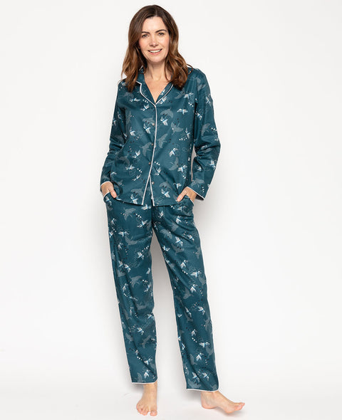 Yvonne Pyjama-Set mit Spitzenbesatz und Vogeldruck
