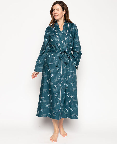 Yvonne  Lace-Trim Bird Print Long Dressing Gown