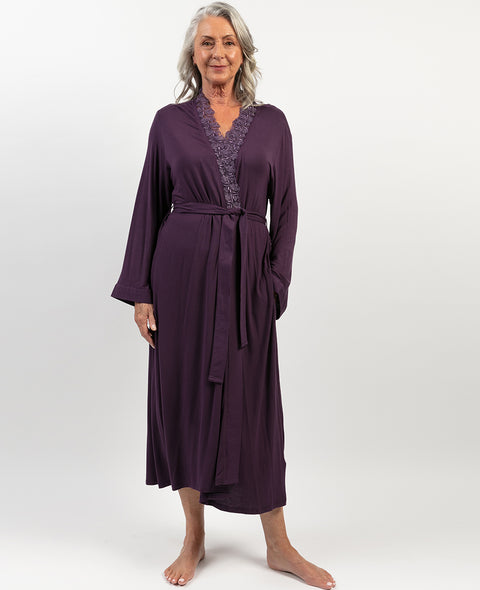 Maeve Lace Detail Purple Jersey Long Dressing Gown