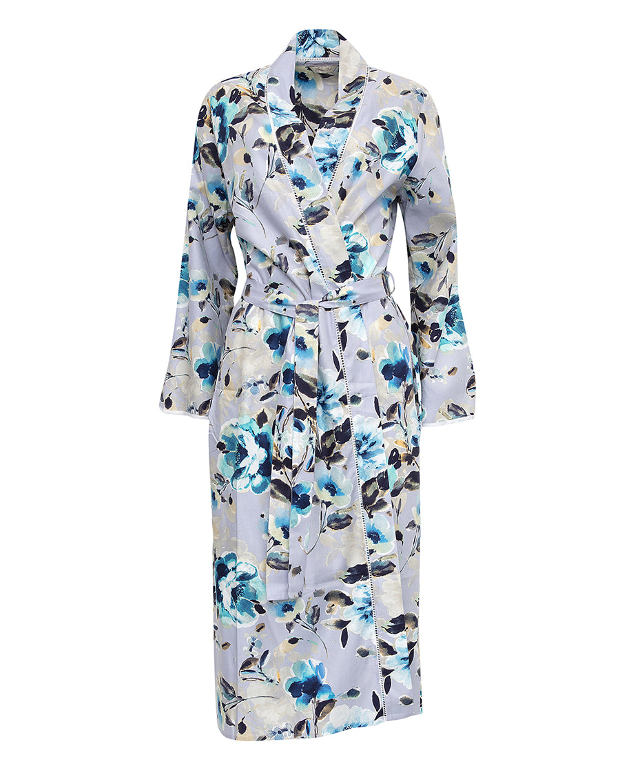 Maeve Lace Trim Grey Floral Print Long Dressing Gown - Cyberjammies