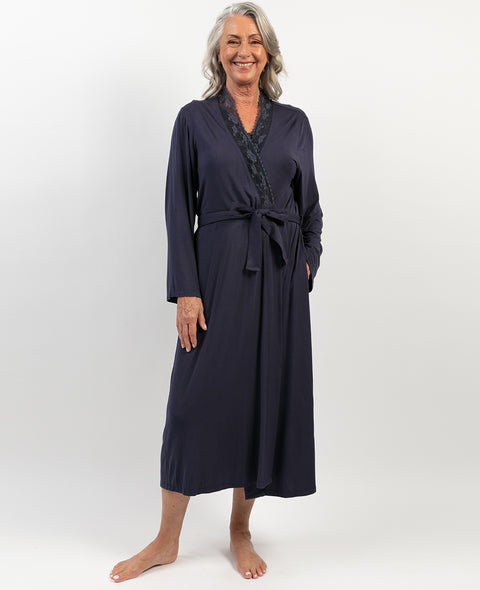 Maeve Lace Detail Navy Jersey Long Dressing Gown