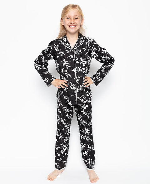 Katie – Schwarzes Pyjama-Set mit Bambusblatt-Print