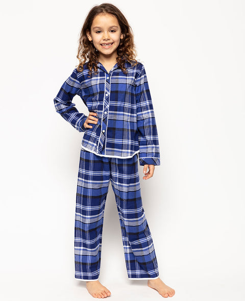 Riley Girls Pyjama-Set mit gebürstetem Karomuster in Marineblau